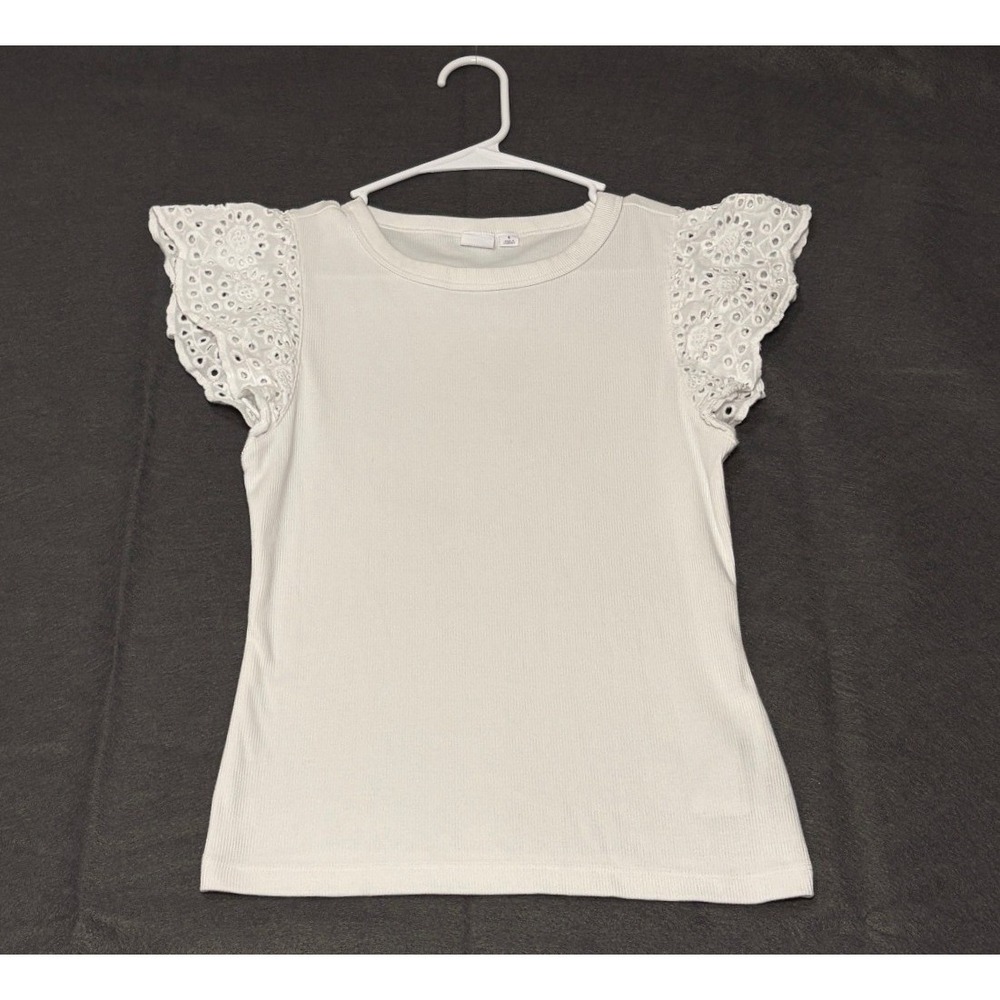 Gap Women White Ribbed Eyelet Flutter Sleeve Top Size S Crew Neck Tee